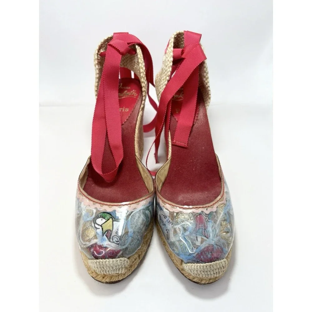 Christian Louboutin Red Ribbon Espadrille Wedge with Printed Toe